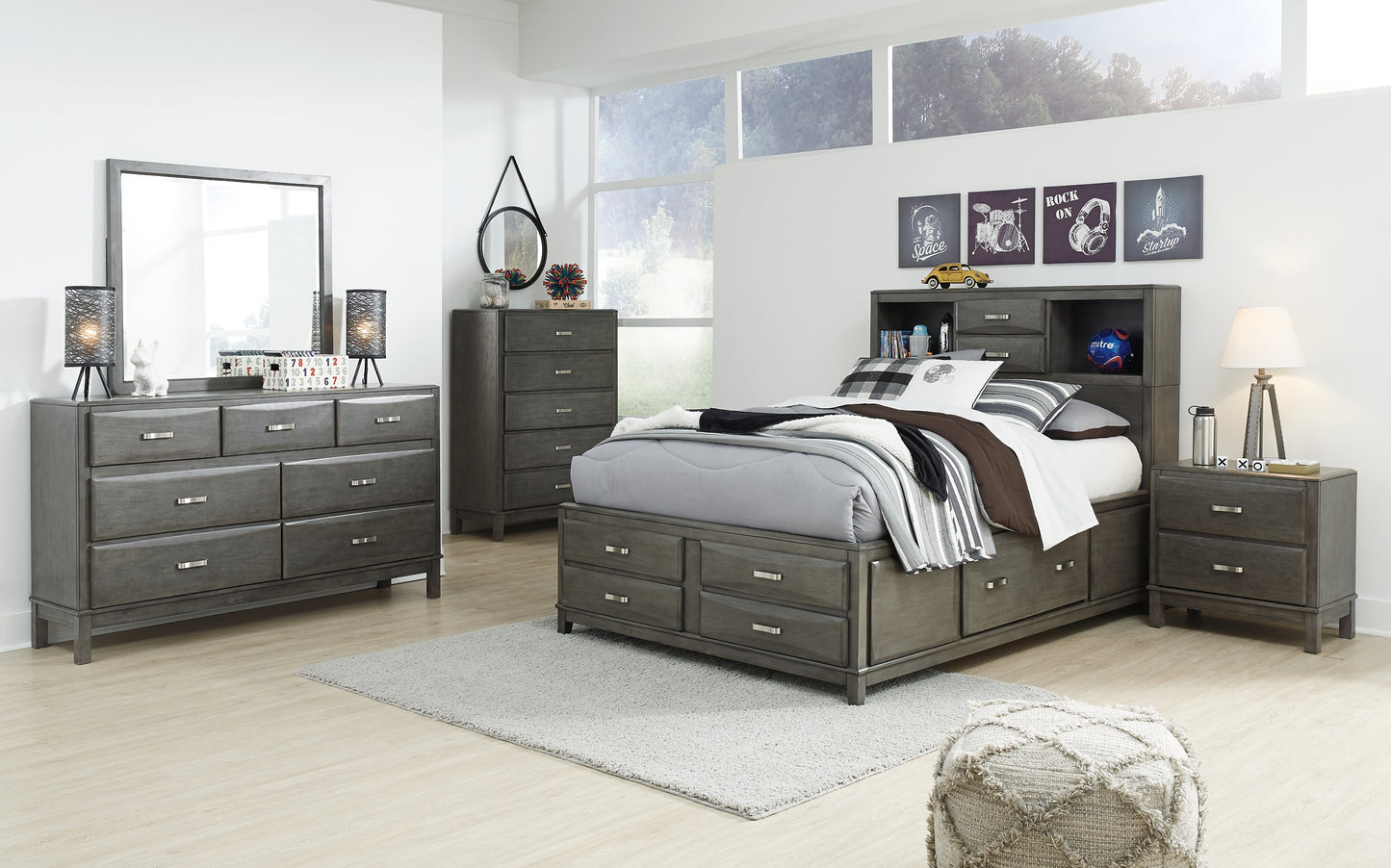 Caitbrook Storage Bed With 8 Storage Drawers With Mirrored Dresser