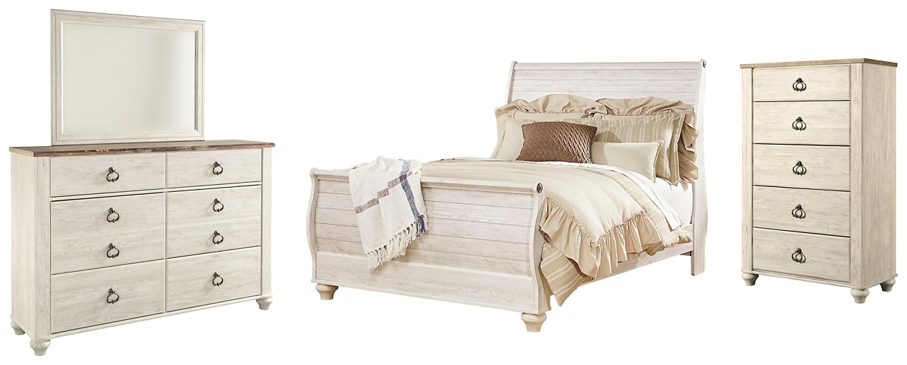 Willowton Sleigh Bed With Mirrored Dresser And Chest