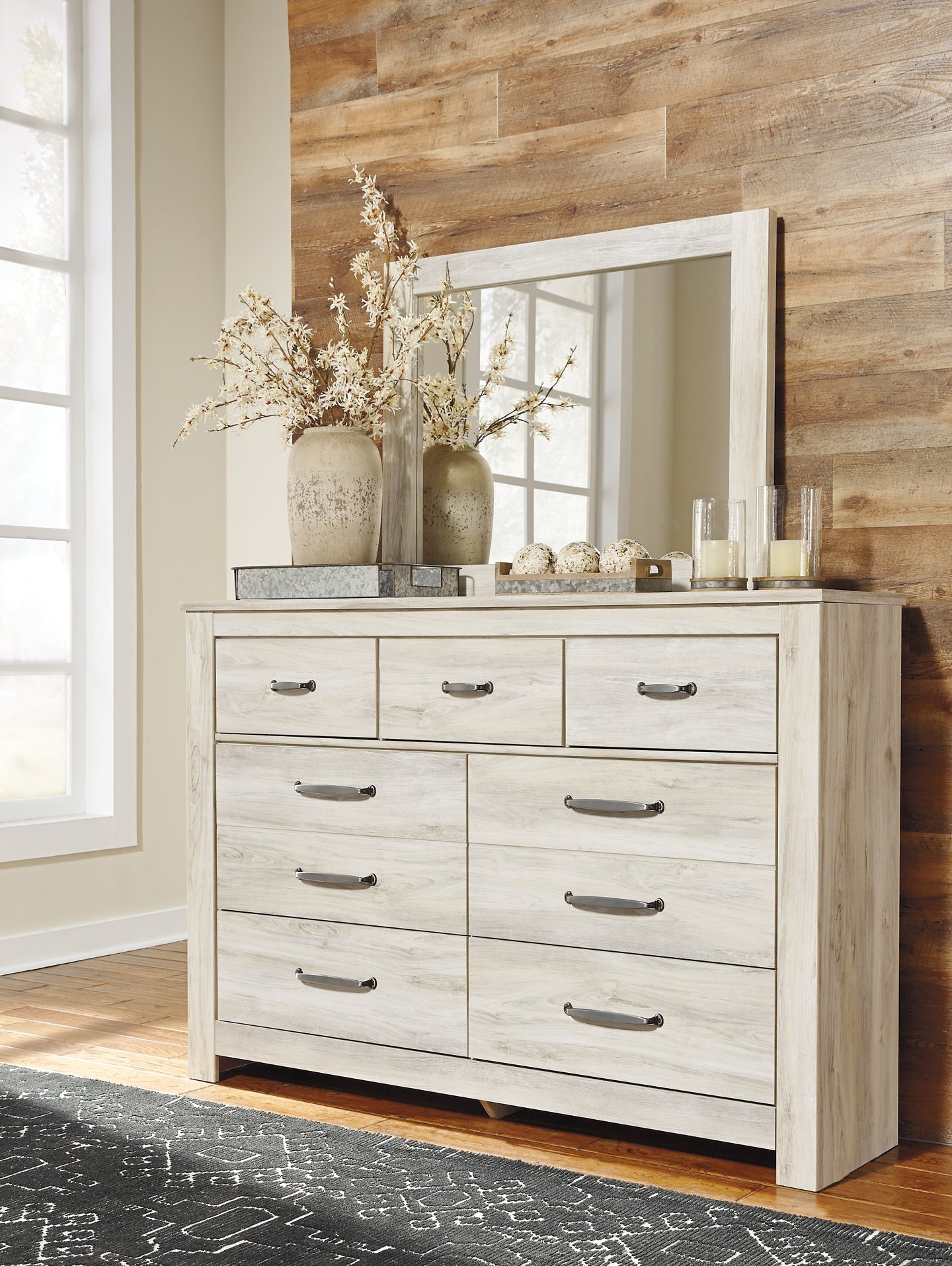 Bellaby Panel Headboard With Mirrored Dresser