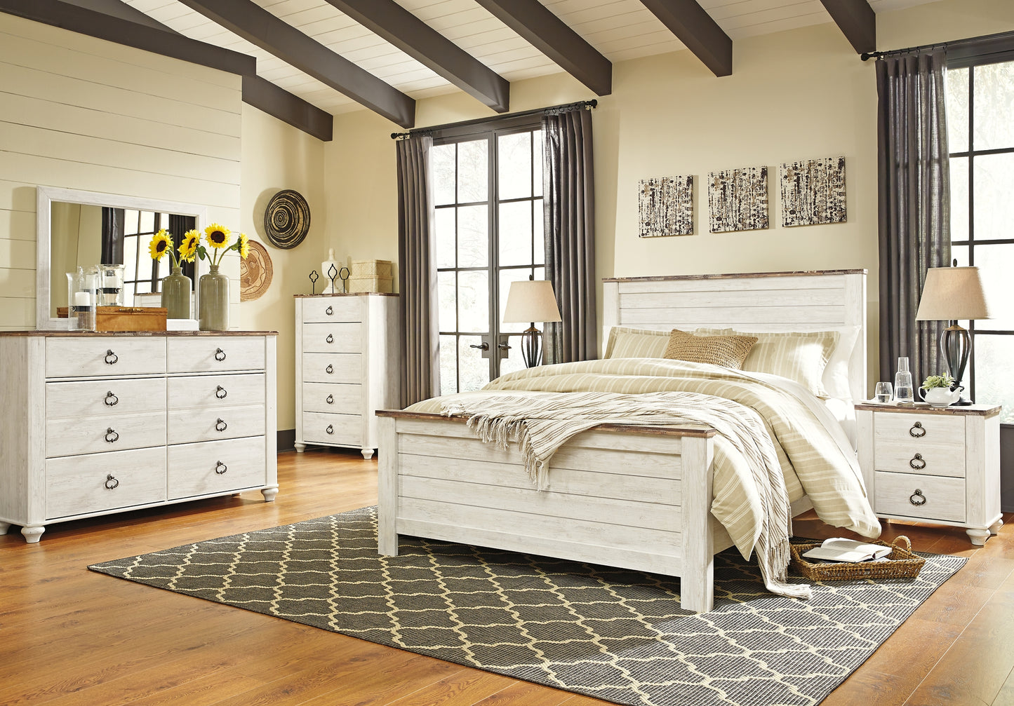 Willowton Panel Bed With Mirrored Dresser, Chest And Nightstand