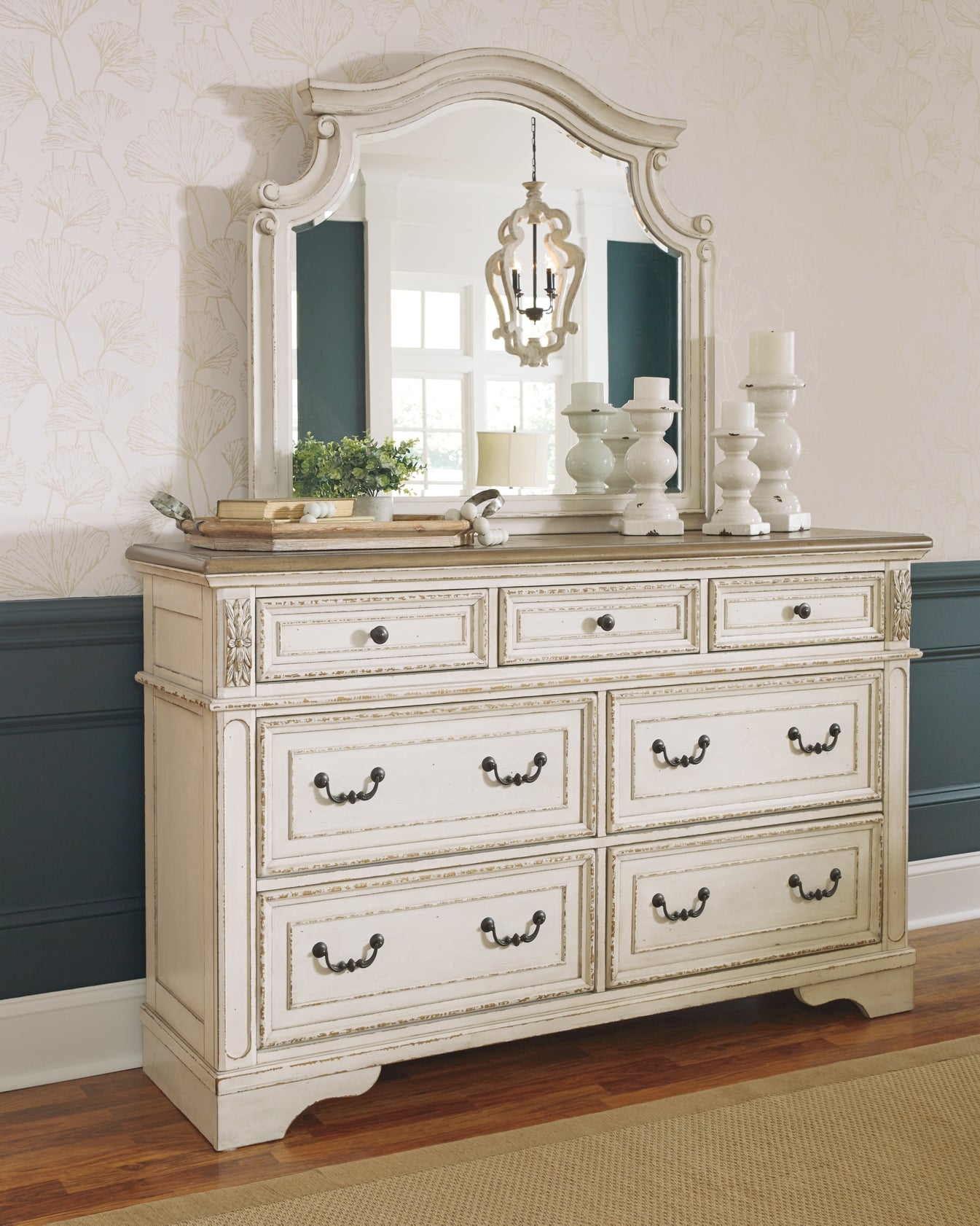 Realyn Upholstered Panel Bed With Mirrored Dresser And Chest