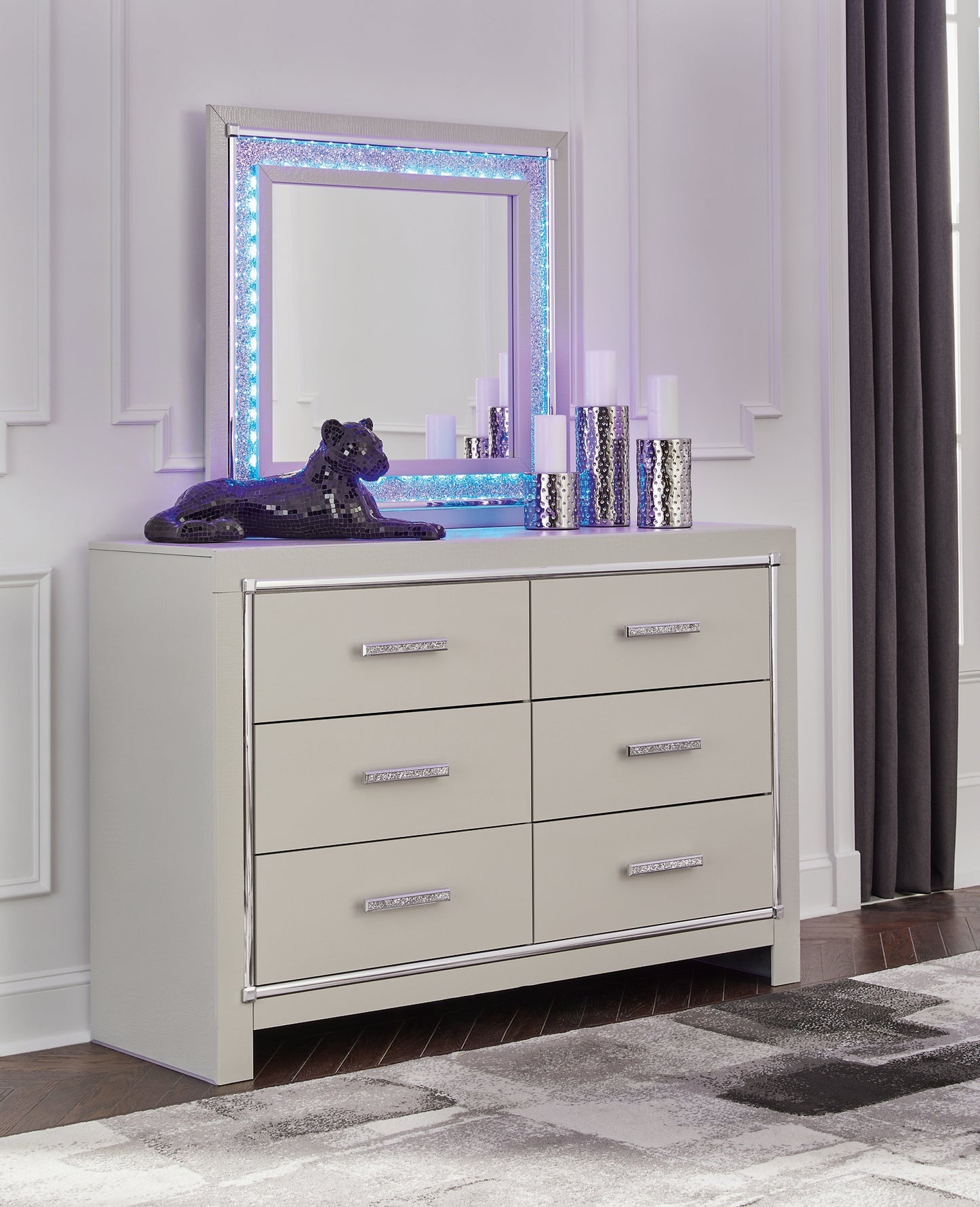 Zyniden Queen Upholstered Panel Bed with Mirrored Dresser