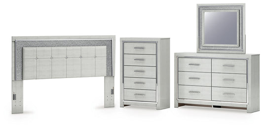 Zyniden King Upholstered Panel Headboard with Mirrored Dresser and Chest