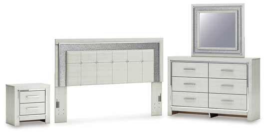 Zyniden King Upholstered Panel Headboard with Mirrored Dresser and Nightstand