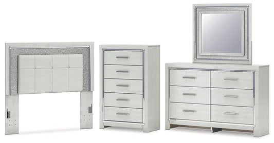 Zyniden Full Upholstered Panel Headboard with Mirrored Dresser and Chest