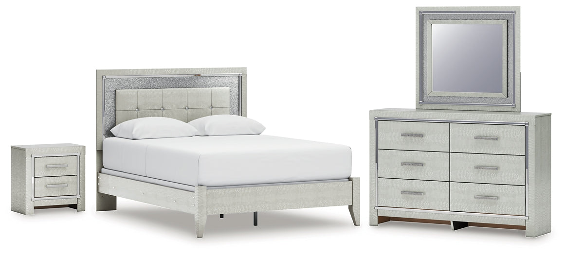 Zyniden Queen Upholstered Panel Bed with Mirrored Dresser and Nightstand