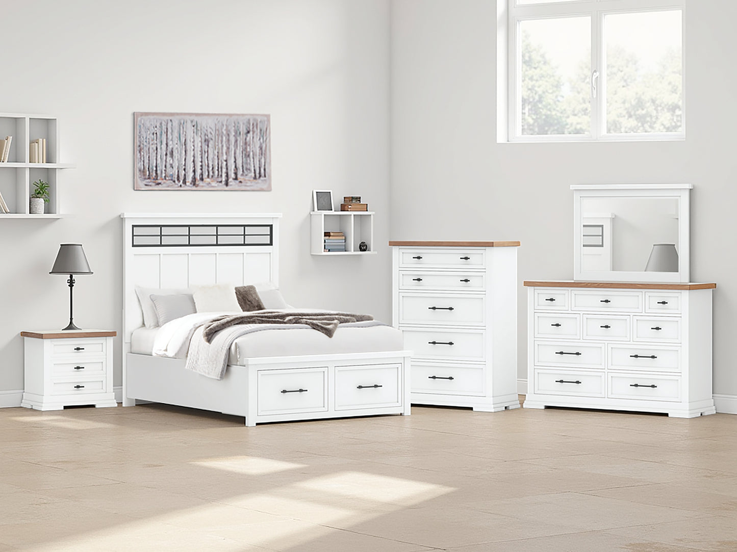 Ashbryn Queen Panel Storage Bed with Mirrored Dresser, Chest and Nightstand