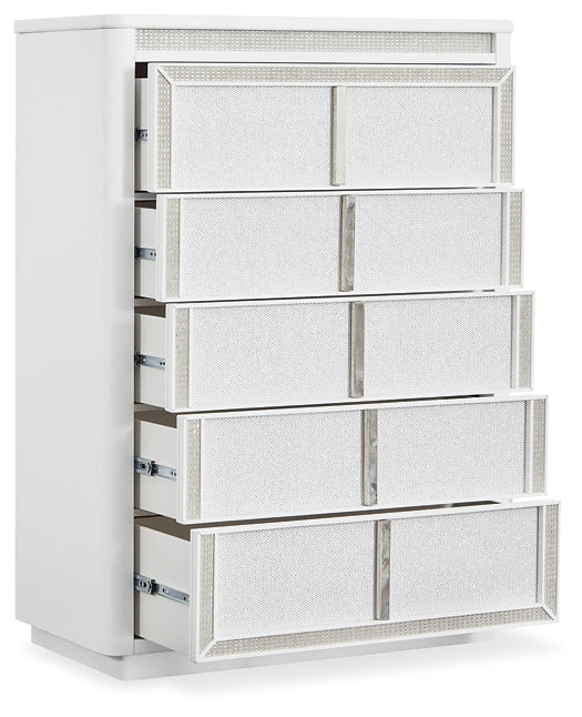 Chalanna Queen Upholstered Storage Bed with Mirrored Dresser and Chest