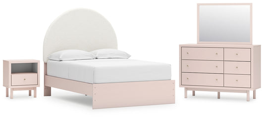 Wistenpine Full Upholstered Panel Bed with Mirrored Dresser and Nightstand