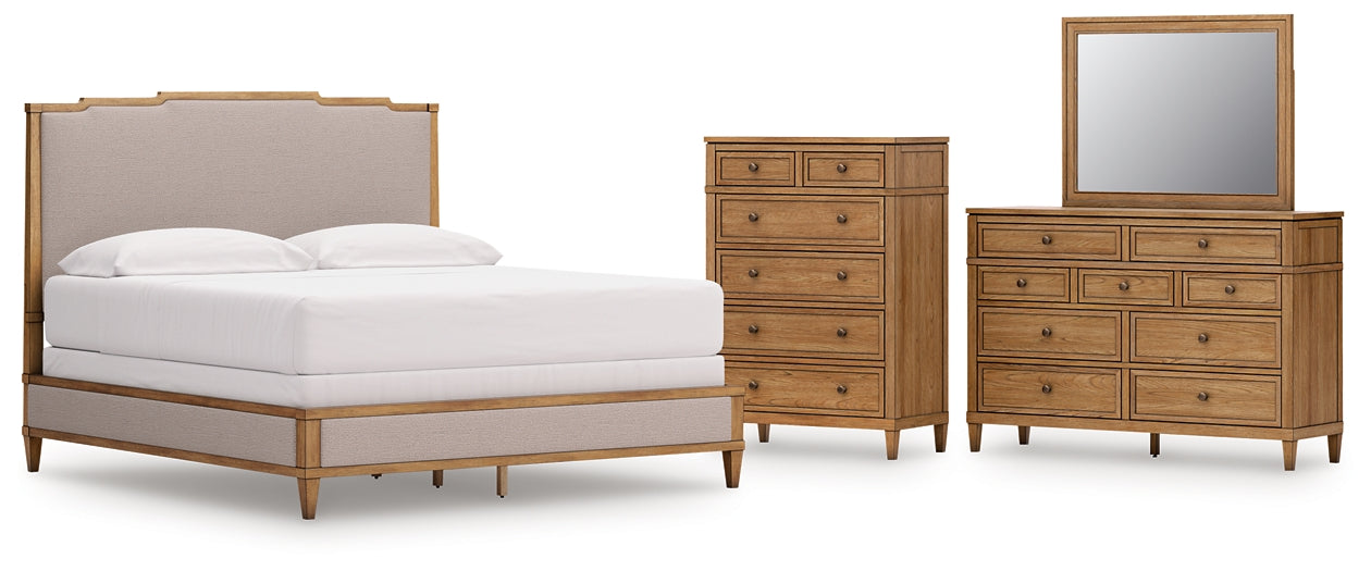 Sharlance California King Upholstered Panel Bed with Mirrored Dresser and Chest