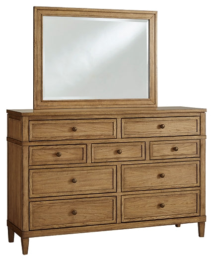 Sharlance California King Upholstered Panel Bed with Mirrored Dresser, Chest and Nightstand