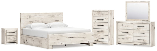 Lawroy King Panel Bed with Mirrored Dresser, Chest and Nightstand