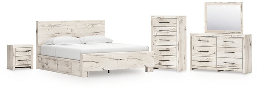 Lawroy King Panel Bed with Mirrored Dresser, Chest and Nightstand