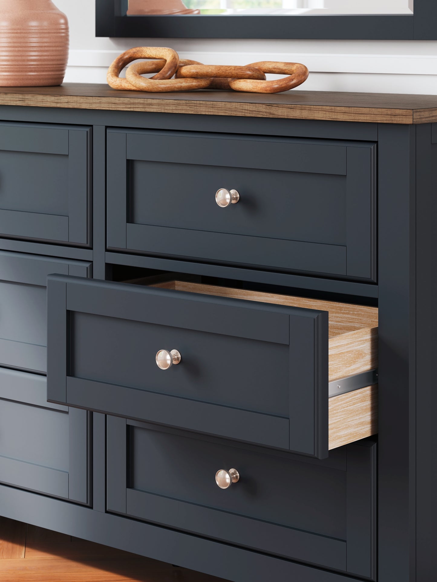 Landocken Twin Panel Headboard with Mirrored Dresser, Chest and Nightstand