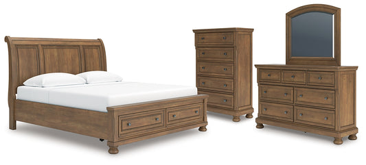 Feddinger King Storage Sleigh Bed with Mirrored Dresser and Chest