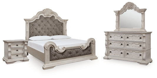 Bruchandi California King Upholstered Panel Bed with Mirrored Dresser and Nightstand