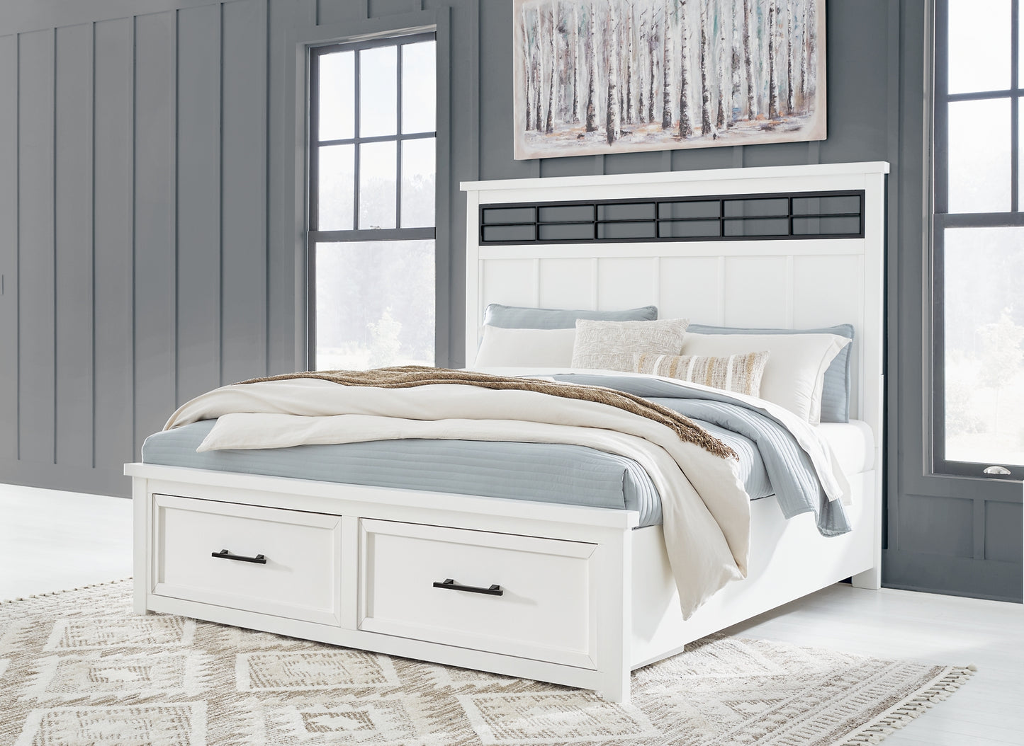 Ashbryn King Panel Storage Bed with Mirrored Dresser, Chest and Nightstand
