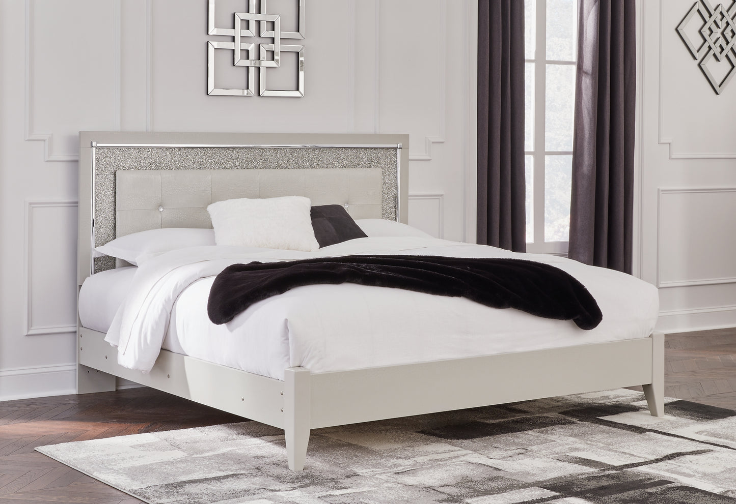 Zyniden King Upholstered Panel Bed with Mirrored Dresser