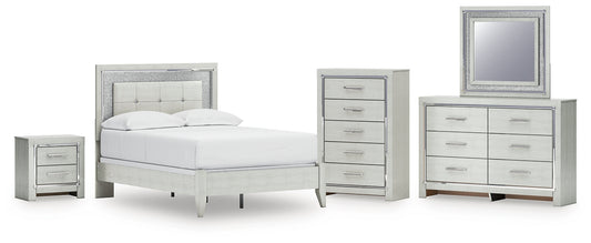 Zyniden Full Upholstered Panel Bed with Mirrored Dresser, Chest and Nightstand
