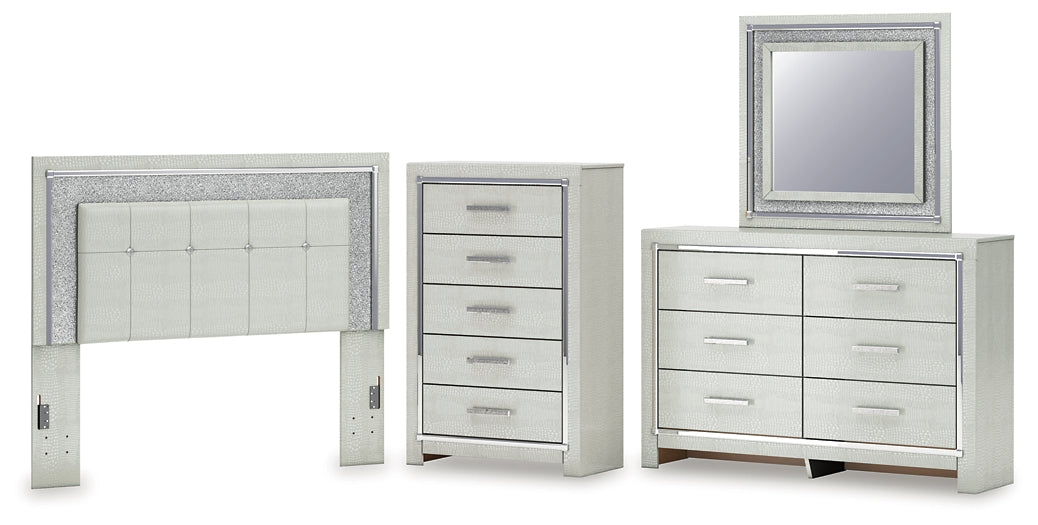 Zyniden Queen Upholstered Panel Headboard with Mirrored Dresser and Chest