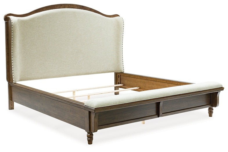 Sturlayne King Upholstered Panel Bed with Mirrored Dresser and Chest