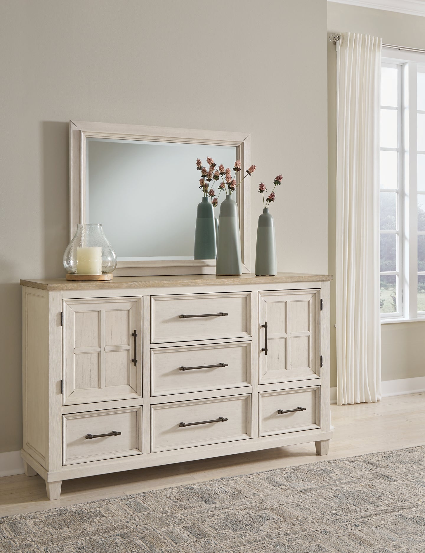 Shaybrock King Panel Bed with Mirrored Dresser and Chest