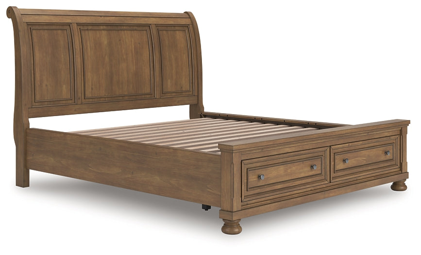Feddinger California King Storage Sleigh Bed with Mirrored Dresser and Chest