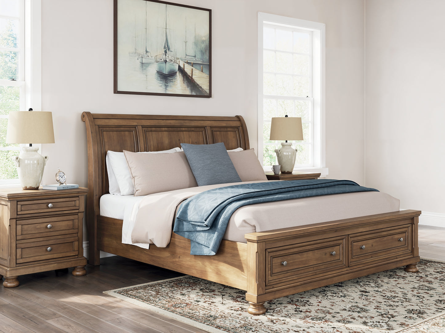 Feddinger King Storage Sleigh Bed with Mirrored Dresser and Chest
