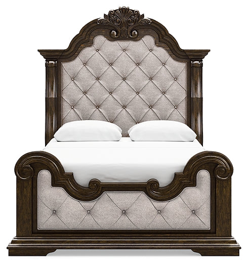 Maylee Queen Upholstered Bed with Mirrored Dresser, Chest and Nightstand