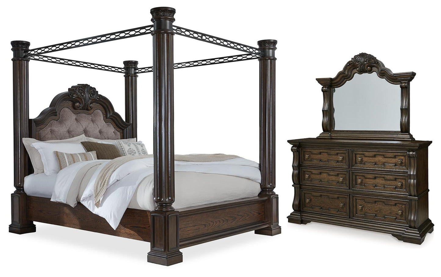 Maylee Queen Canopy Bed, Dresser and Mirror
